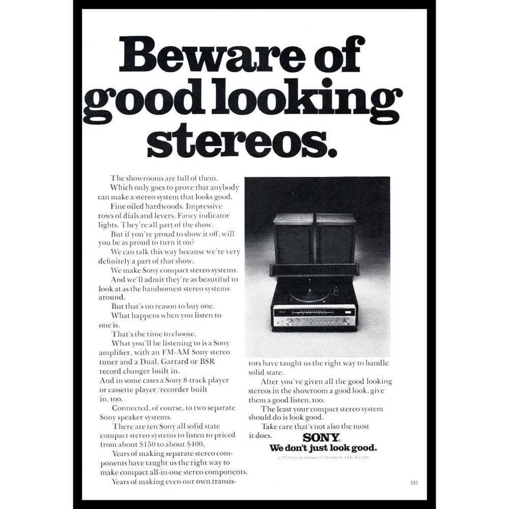 1972 Sony Home Stereo Receiver Turntable Vintage Print Ad Beware Good Looking